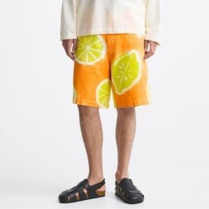 Zara Lemon Print Limited Edition Bermuda Chino Shorts Orange/Yellow Size 30